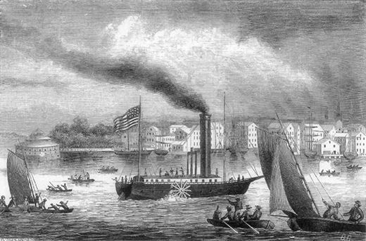 An engraving depicts a steamboat sailing down a river past a city, surrounded by smaller vessels.
