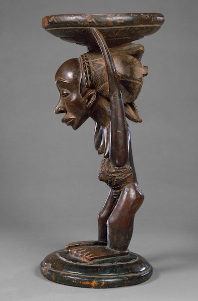 Buli Master, possibly Ngongo ya Chintu, Prestige Stool: Female Caryatid, 19th century, Luba or Hemba peoples, Buli village, Democratic Republic of the Congo, wood, metal studs, 61 cm high (The Metropolitan Museum of Art)