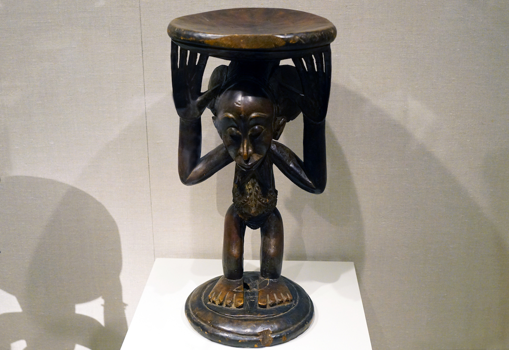 Buli Master, possibly Ngongo ya Chintu, Prestige Stool: Female Caryatid, 19th century, Luba or Hemba peoples, Buli village, Democratic Republic of the Congo, wood, metal studs, 61 cm high (The Metropolitan Museum of Art)