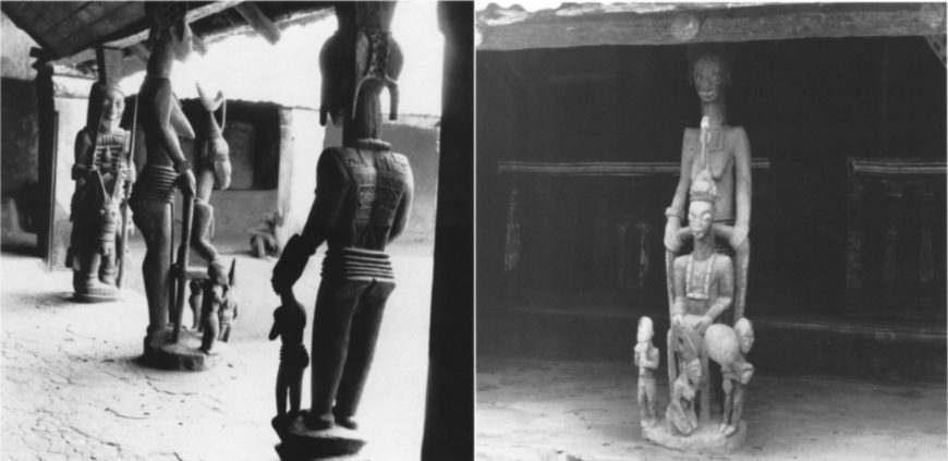 Olowe of Ise, Veranda Posts in situ, Inner courtyard, palace of the ogoga, king of Ikere (photos by William Flagg, from Pemberton, John. "Art and Rituals for Yoruba Sacred Kings." Art Institute of Chicago Museum Studies 15, no. 2 (1989): 97-174