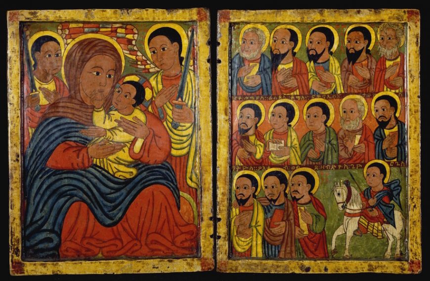 Díptico con María y su hijo Flanqueado por arcángeles, apóstoles y un santo, Etiopía, siglo XV, témpera sobre madera, panel izquierdo: 8 7/8 x 7 13/16 x 5/8 pulgadas (The Walters Art Museum)
