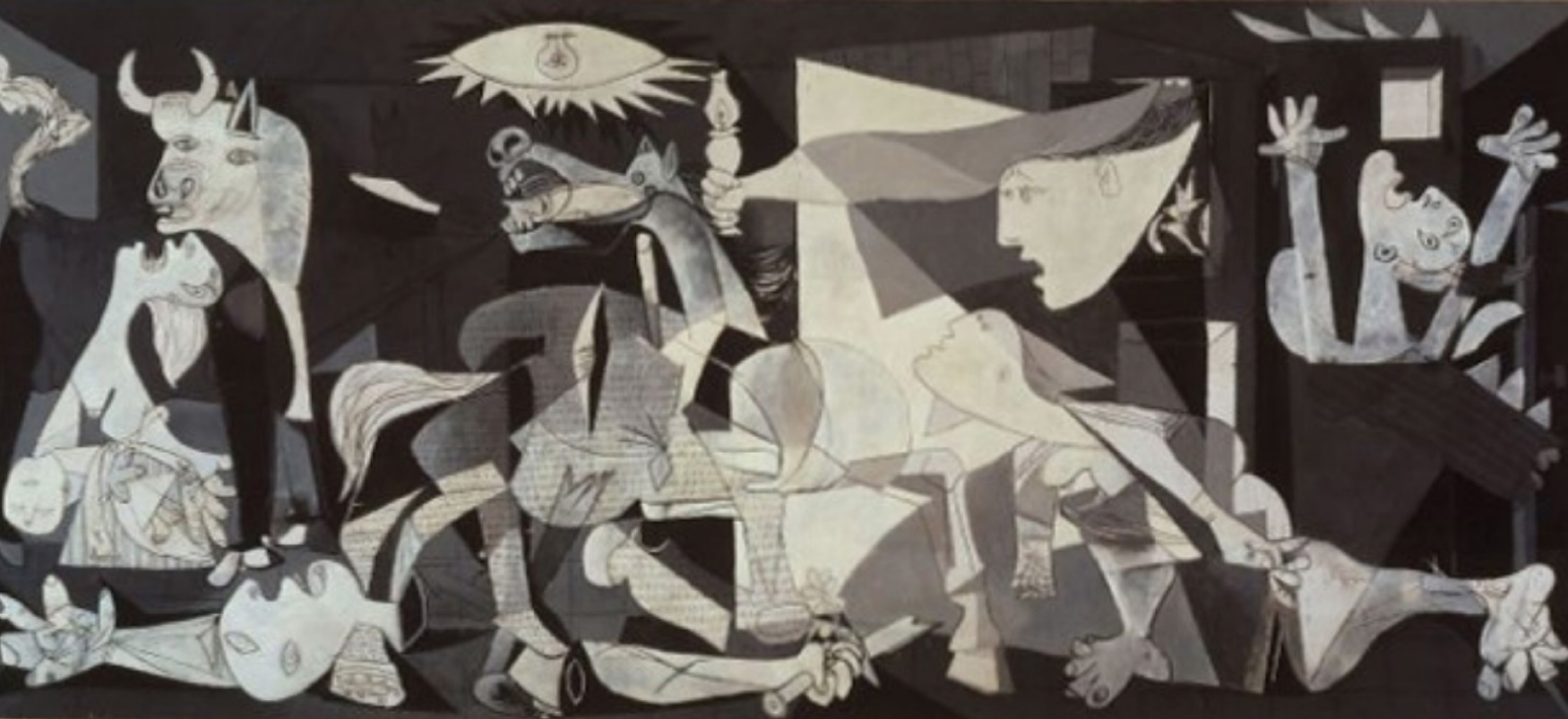 Guernica is a large grey, black, and white painting by Pablo Picasso. The prominent images in the painting are a gored horse, a bull, a screaming woman, a dead baby, a dismembered soldier, and flames. The distorted proportions that Picasso's works are known for are present in this painting.