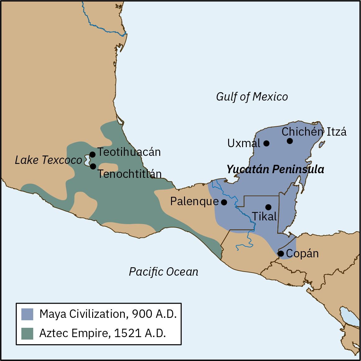 خريطة تُصور نطاقات حضارة المايا، حوالي 900 م، وإمبراطورية الأزتك، حوالي 1521 م. تحتل حضارة المايا كامل شبه جزيرة يوكاتان في أمريكا الوسطى، وتشمل مدن كوبان وتيكال وبالينكي وأكسمال وتشيتشن إيتزا. تحتل إمبراطورية الأزتك جزءًا من أمريكا الوسطى شمال شبه جزيرة يوكاتان، وتشمل مدينتي تيوتيهواكان وتينوتشتيتلان، بالإضافة إلى بحيرة تيكسكوكو. يغطي النطاقان مناطق متساوية تقريبًا.
