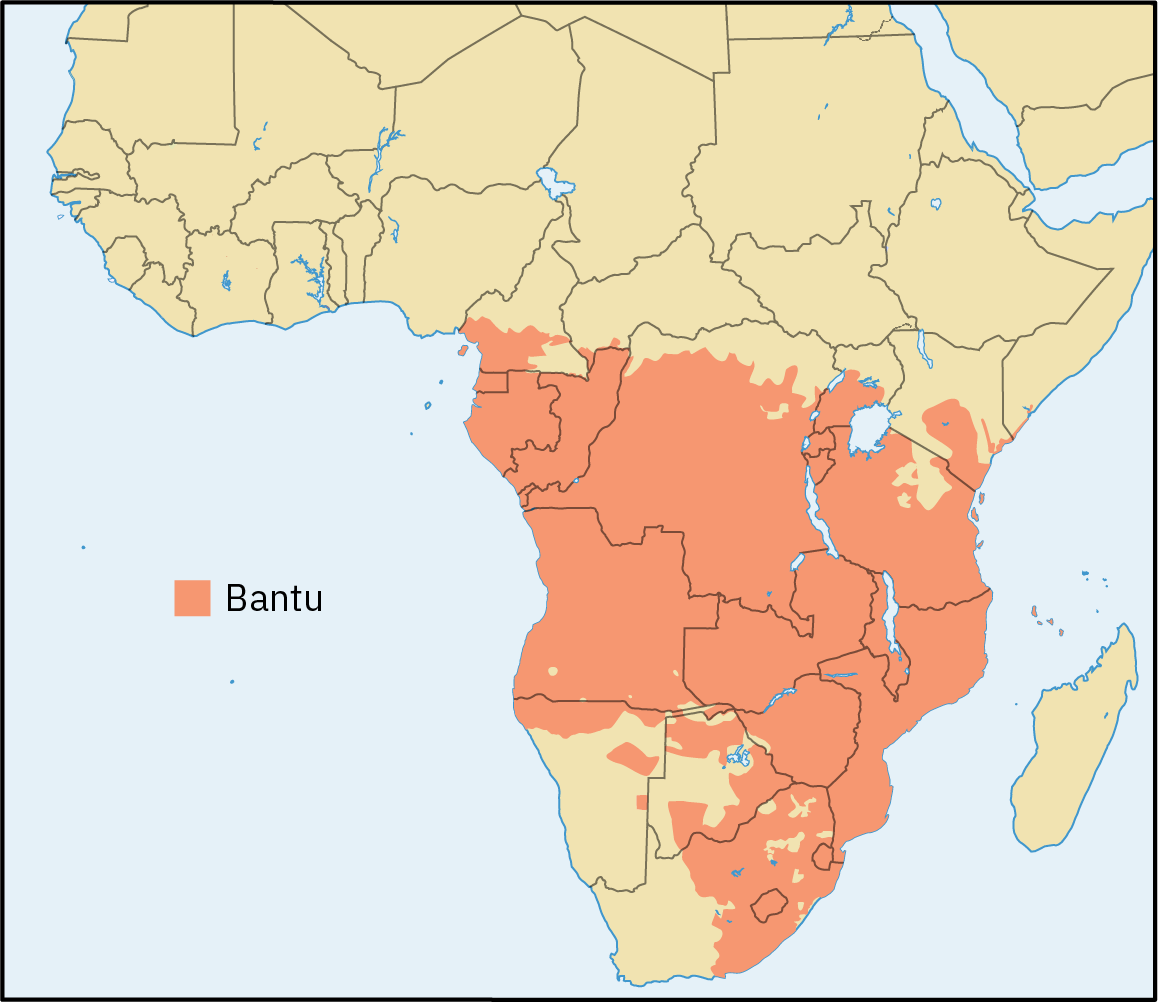 非洲地图，突出显示班图人的领土。 该大陆下半部的大部分地区都出现了突出显示，但西南下边缘的很大一部分除外。