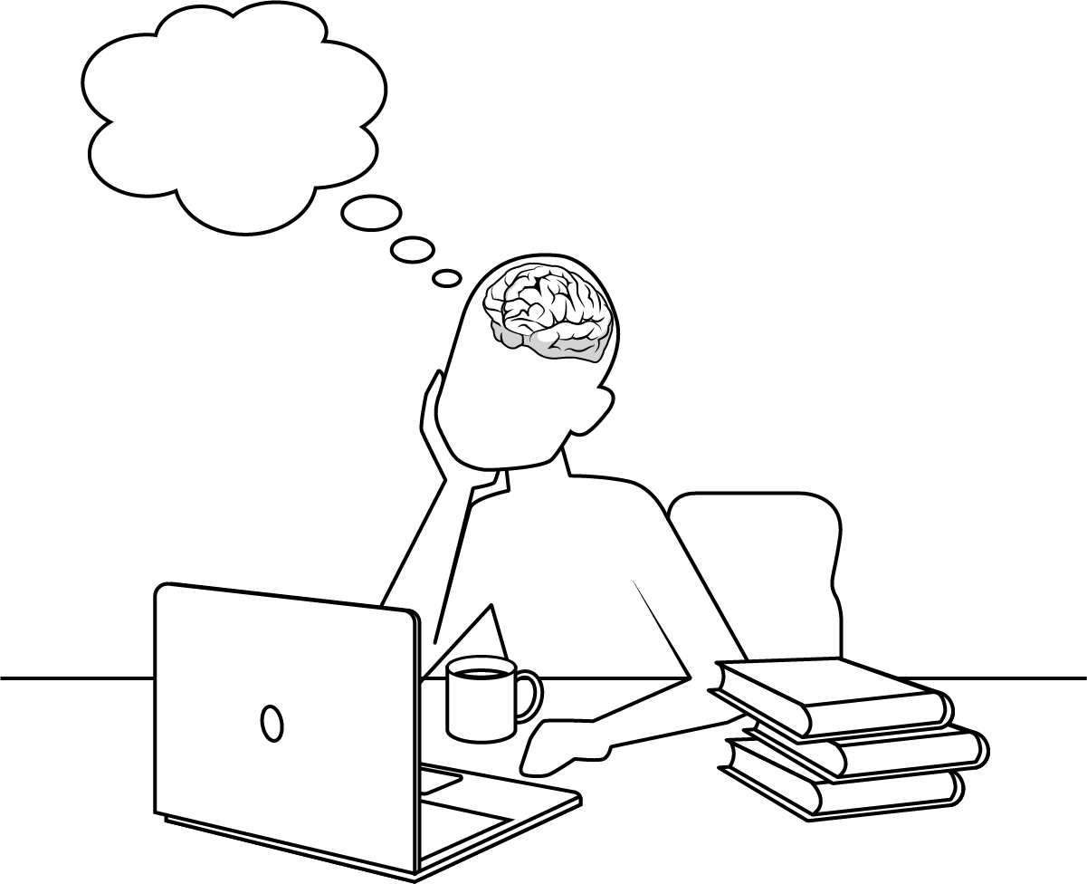 Silhouette d'une figure humaine assise, avec le cerveau dessiné à l'intérieur du crâne. Une bulle de pensée s'élève de la tête du personnage.