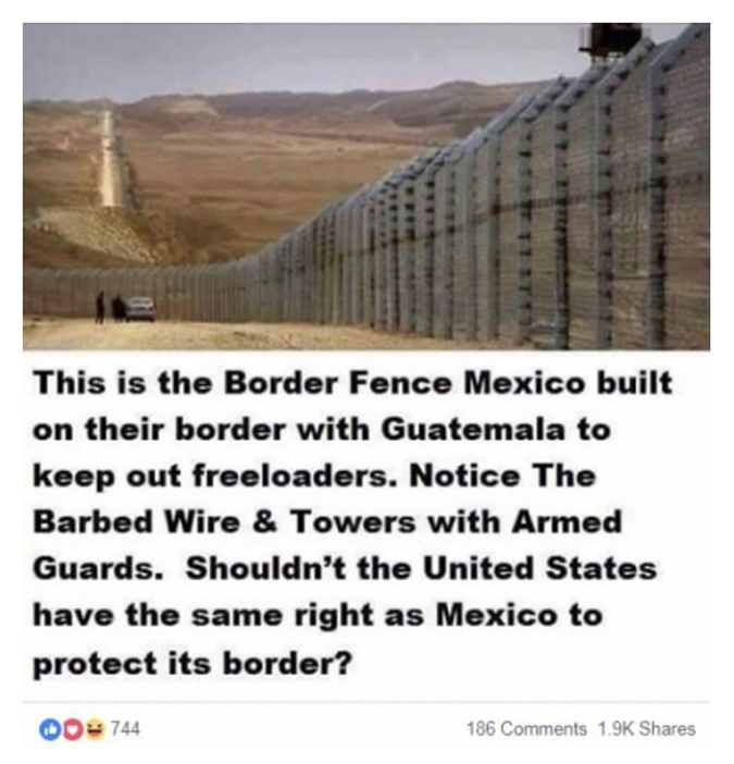 沙漠景观中长长的围栏，下方有一个标题，上面写着：“这是墨西哥在与危地马拉接壤的边境上修建的边境围栏，旨在阻止自由装载者进入。 注意铁丝网和带有武装警卫的塔。 美国难道不应该拥有与墨西哥同样的保护边境的权利吗？”