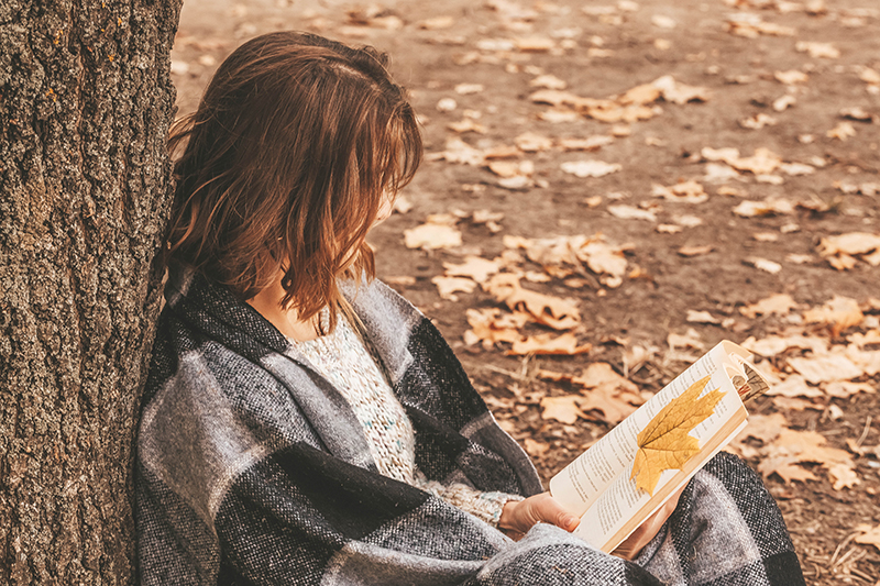 Uma pessoa se senta embaixo da árvore lendo um livro. Uma folha de outono caiu em uma página do livro.