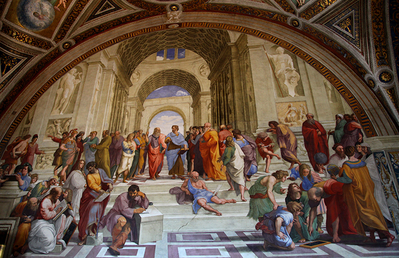 Школа живопису Афін показує зібрання стародавніх людей. Вони зібрані разом різними групами, оточені кам'яними склепіннями і статуями.