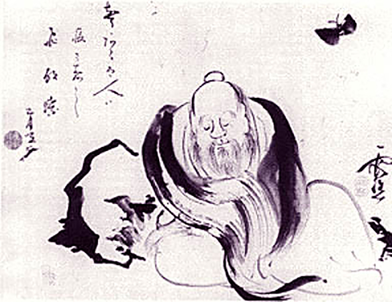 Китайський чорнильний малюнок із зображенням сидячого чоловіка, який, здається, спить, з метеликом, що ширяє над головою.
