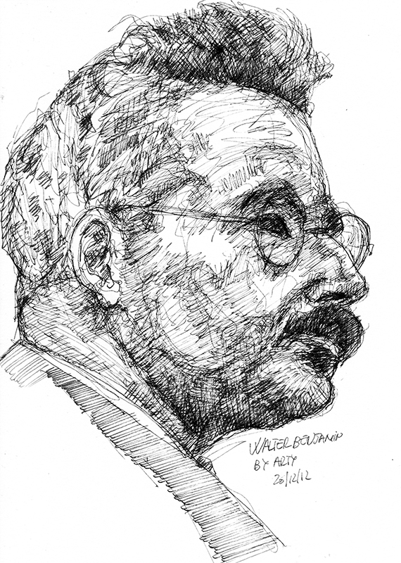 Um desenho a caneta de 2/3 mostra uma pessoa com bigode usando óculos redondos.