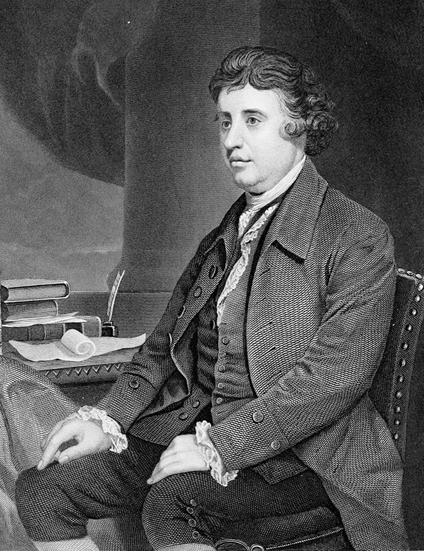 Um desenho de Edmund Burke o mostra sentado ao lado de uma mesa.