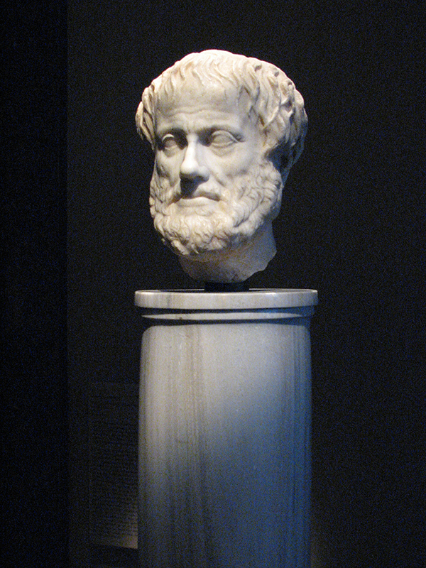 Um busto de mármore com rosto barbudo com cabelos pegajosos e nariz pronunciado, exibido em um pedestal.
