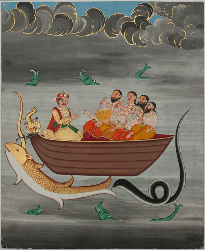 Сцена з Маці Пурани зображує Ману, першу людину, чия наступність знаменує доісторичні століття землі. Ману сидить з Сімома Мудрецями в човні, щоб захистити їх від міфічного потопу, який, як вважають, занурив світ.