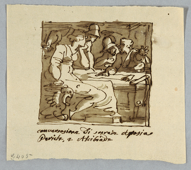 Un dessin gestuel à la plume brune et au lavis d'encre montre quatre personnes assises à une table. L'un parle et tend la main tandis que les trois autres écoutent attentivement.