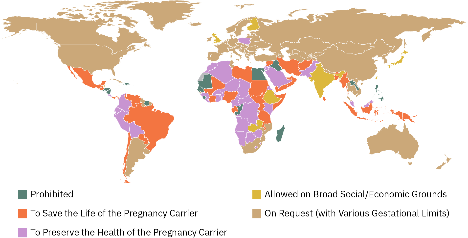 Карта світу з затіненням для позначення законності абортів. У наступних країнах/регіонах аборти доступні за запитом, з різними гестаційними обмеженнями: Росія, Туреччина, Китай, Австралія, більша частина Європи, Канада, США, Аргентина та Південна Африка. У наступних країнах/регіонах аборти допускаються за широкими соціальними/економічними ознаками: Індія, Японія, Фінляндія, Англія, Ефіопія, Демократична Республіка Конго. У наступних країнах/регіонах аборт дозволений для збереження або збереження здоров'я носія вагітності: більша частина Африки, більша частина Південної Америки, більша частина Близького Сходу, Мексика та Польща. У наступних країнах/регіонах аборти заборонені повністю: Єгипет, Іран, Філіппіни, частини Африки, зілля Центральної Америки.