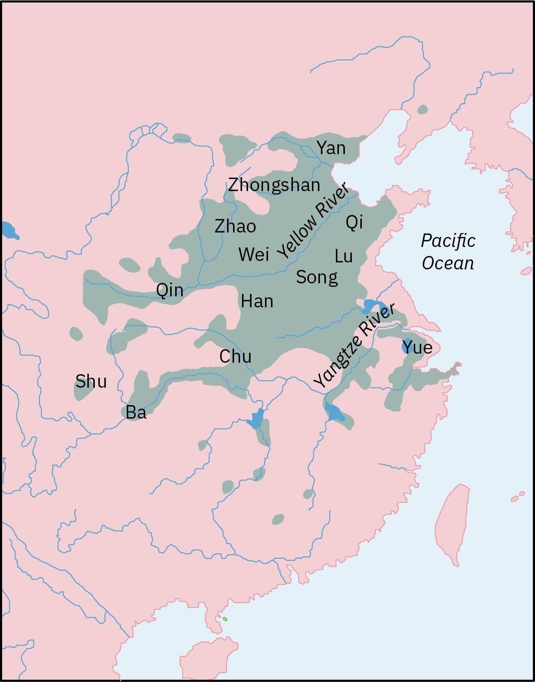 中国古代（约公元前 475-221 年）战国时期的地图显示了存在社会动荡和不和谐的中国部分地区。