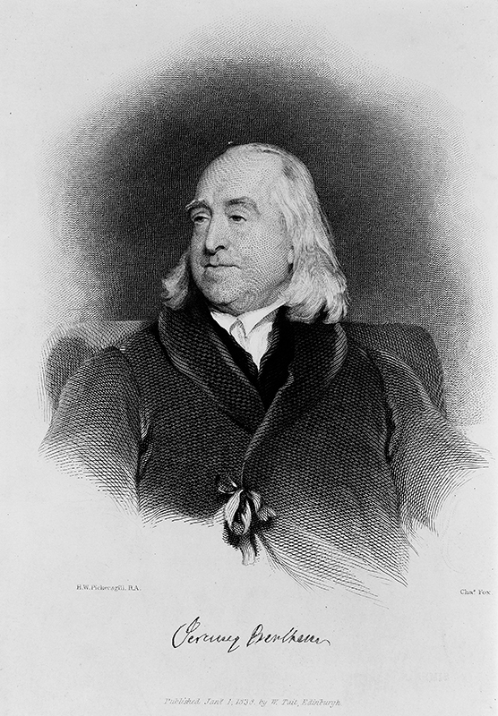 杰里米·边沁的肖像，他是英国哲学家、法学家和社会改革家，被视为现代功利主义的创始人。 这幅油画肖像由亨利·威廉·皮克斯吉尔绘制。