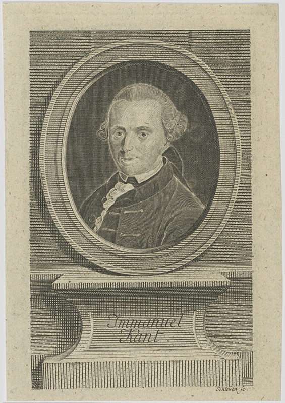 A printed engraving shows the head and shoulders of a person wearing a short powdered wig. The portrait appears in an oval frame atop a pedestal that reads Immanuel Kant.