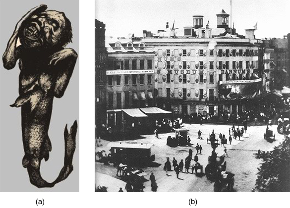 插图 (a) 描绘了一个生物，其头部和上半身为小猴子，下半部分为鱼。 照片 (b) 显示了纽约市P.T. Barnum的美国博物馆周围的人群。