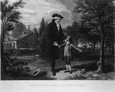 Una pintura representa a George Washington cuando era niño, señalando a su padre un cerezo con corteza dañada. Un hacha yace en el suelo. El padre de Washington sonríe y pone su mano sobre el hombro de Washington.
