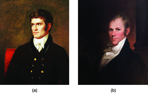 Two portraits depict John C. Calhoun (a) and Henry Clay (b).