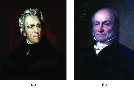 Picha mbili zinaonyesha Andrew Jackson (a) na John Quincy Adams (b).