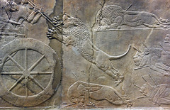 Caza de León de Asurbanipal, león atacando desde la retaguardia asesinado