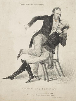 一部名为 “下巴被锁住的症状” 的政治漫画显示，亨利·克莱按住坐着的安德鲁·杰克逊缝制嘴巴，而上面写着 “Cure for calumny” 的纸从口袋里伸出来。 动画片的顶部写着 “这里做的普通缝制”。