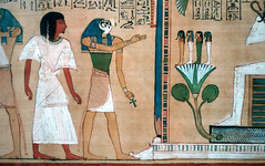 El libro de los muertos de Hunefer, detalle con Hunefer, Horus y sus 4 hijos