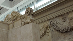 Ara Pacis Augustae, león-grifo y fragmento en relieve con dos hombres, uno con toga y velado