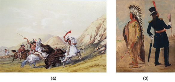 绘画（a）描绘了一群坐骑的印第安人正在狩猎灰熊。 绘画（b）描绘了一位印度酋长穿着两种着装模式：左边是他穿着本土时尚的衣服，包括羽毛头饰；右边是穿着全西方服装，包括大礼帽。