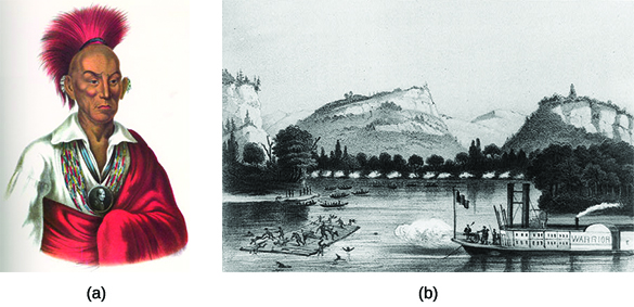 Portrait (a) depicts Sauk chief Black Hawk. Engraving (b) shows U.S. soldiers on a steamer labeled with the name “Warrior” firing on Indians aboard a raft on a river.