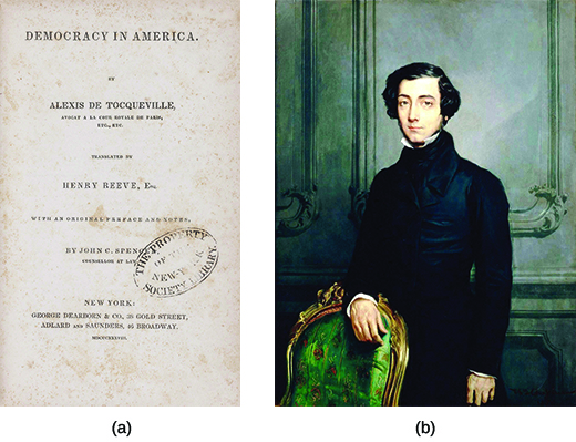 تُظهر الصورة (أ) غلاف أول ترجمة إنجليزية لكتاب «الديمقراطية في أمريكا» لألكسيس دي توكفيل. اللوحة (ب) هي صورة لألكسيس دي توكفيل.
