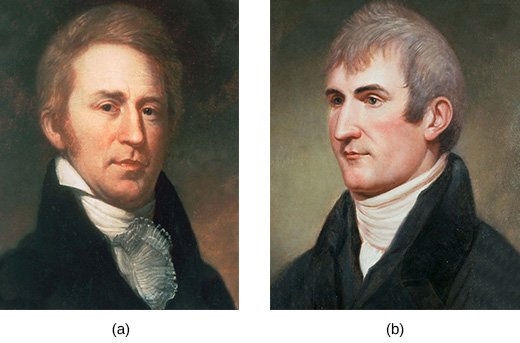 两幅画描绘了威廉·克拉克（a）和梅里韦瑟·刘易斯（b）。
