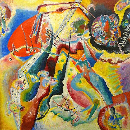 Photo of an abstract painting by Kandinsky titled "Bild mit rotem Fleck"