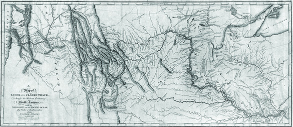 历史地图显示了刘易斯和克拉克从密苏里河到太平洋穿越北美的路径，包括沿着河流支流的弯路。