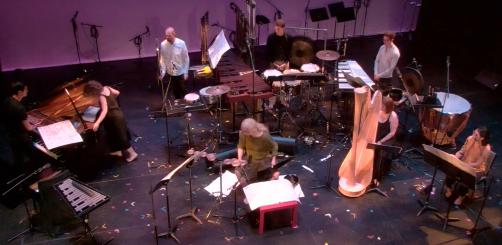 An eclectic variety of instruments and performers who traditionally don't perform together. A mix of percussionists, singers, a pianist, and strings