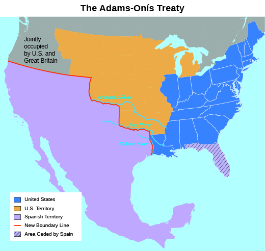 地图显示了 1819 年《亚当斯-奥尼斯条约》的结果。 颜色表示 “美国”、“美国领土”、“美国和英国共同占领”、“西班牙领土” 和 “西班牙割让的地区”。 “新边界线” 表示该条约确立的美国和西班牙领土之间的边界。
