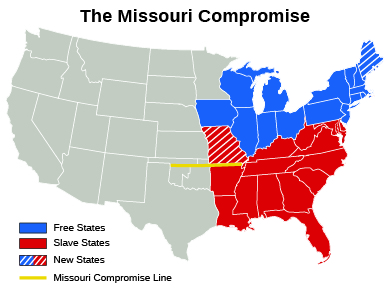 تشير خريطة تسوية ميزوري إلى الولايات الحرة، ودول العبيد، والولايات الجديدة، وخط تسوية ميزوري.