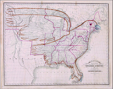 تم رسم خريطة تاريخية للولايات المتحدة لإظهار نسر ضخم يشمل الأمة بأكملها.