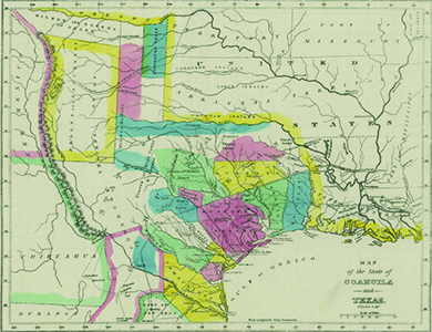A historical map, entitled “Map of Coahuila and Texas in 1833,” indicates the borders of the various land grants Mexico made to American settlers.