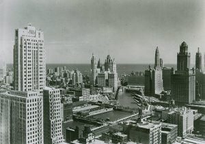 Black and white image of Chicago skyline.