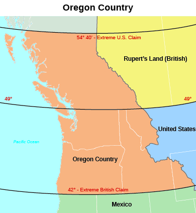 تُظهر خريطة لأراضي أوريغون خلال فترة الاحتلال المشترك من قبل الولايات المتحدة وبريطانيا العظمى المنطقة التي تنازعت القوتين على ملكيتها. يُطلق على المنطقة العليا اسم «أرض روبرت (البريطانية)»، والتي تقع بين خطي «54° 40′- المطالبة الأمريكية المتطرفة» و «49°». تحتوي المنطقة الوسطى، التي تقع بين خطي «49°» و «42° - Extreme British Claim»، على أوريغون كونتري. تحت خط «42° - المطالبة البريطانية المتطرفة» تقع المكسيك.
