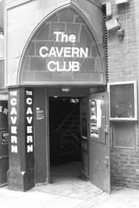 Black and white photographic image of the Cavern Club where the Beatles played.