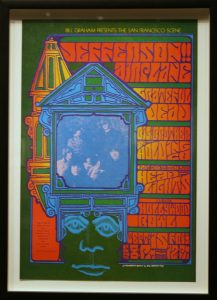 Colored concert poster for a showing featuring Jefferson Airplane, Grateful Dead, and others by Jim Blashfield (1967)
