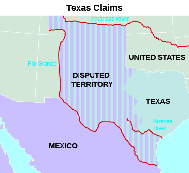 Une carte intitulée « Texas Claims » indique les frontières du Mexique, du Texas, des États-Unis et du « Territoire contesté », ainsi que le Rio Grande, le fleuve Arkansas et la rivière Nueces.