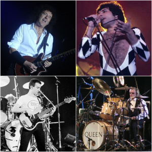 4 tiled photos of Queen performing live