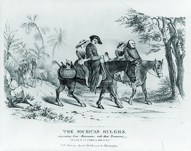 A lithograph shows several members of the clergy fleeing the Mexican town of Matamoros on horseback. Each man has a young woman behind him; the horse in the foreground also carries a basket laden with bottles of alcohol. The caption reads “The Mexican Rulers. Migrating from Matamoros with their Treasures.”