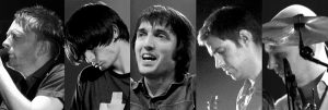 Black and white individual headshots of the Radiohead members.