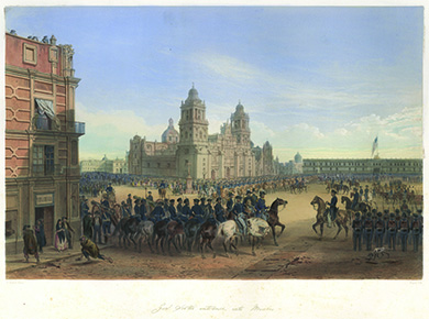 Une peinture représente le général Winfield Scott sur un cheval blanc menant des troupes sur la Plaza de la Constitución de Mexico, sous les yeux inquiets des habitants de la ville. Une femme regarde furtivement derrière le rideau d'une fenêtre à l'étage. Sur la gauche, un homme se penche pour ramasser un pavé à lancer sur les envahisseurs.